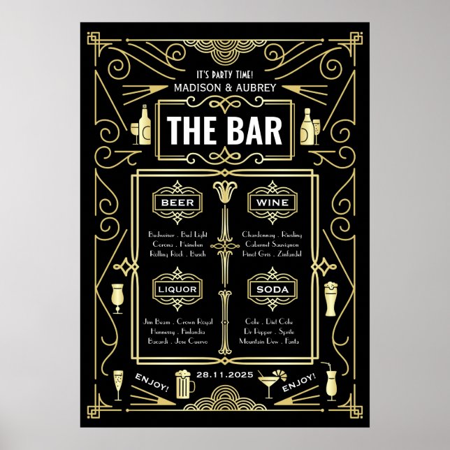 Poster Cardápio de Bar Great Gatsby Dourado Preto Casamen (Frente)