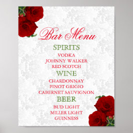 Póster Cardápio de Bar para Casamento Floral Rosa Vermelh