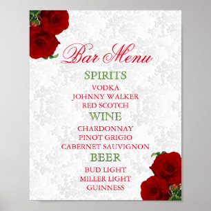 Póster Cardápio de Bar para Casamento Floral Rosa Vermelh