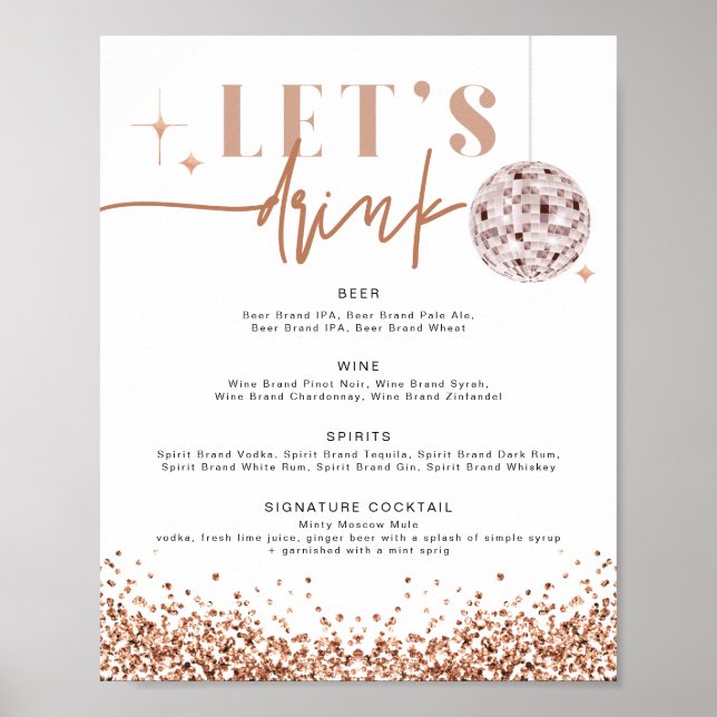 Poster Cardápio de Bar REGINA Rose Gold Disco Vamos Beber (Frente)