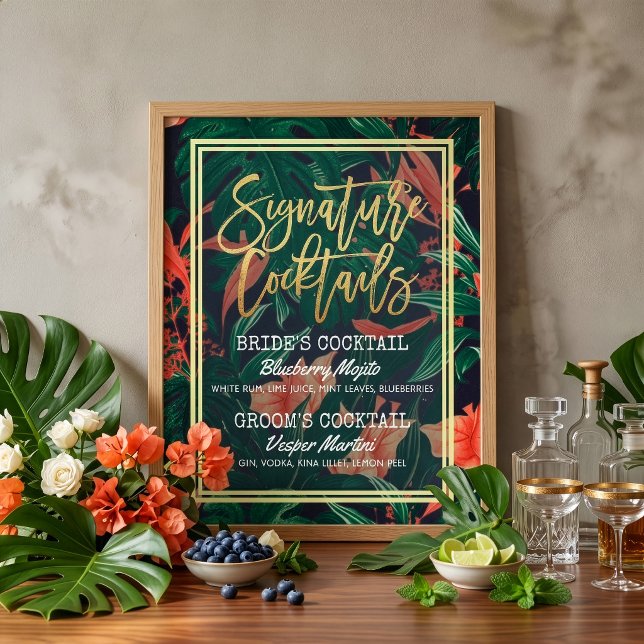 Póster Cardápio de Bebida de Assinatura de Casamento Flor (Criador carregado)