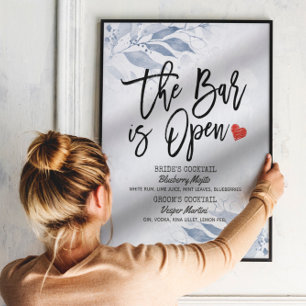 Poster Cardápio de Bebidas Casamento Folhas Azuis O Bar e