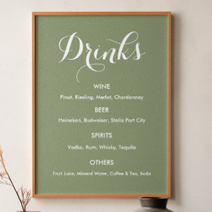 Poster Cardápio de Bebidas Casamento Verde Sage  