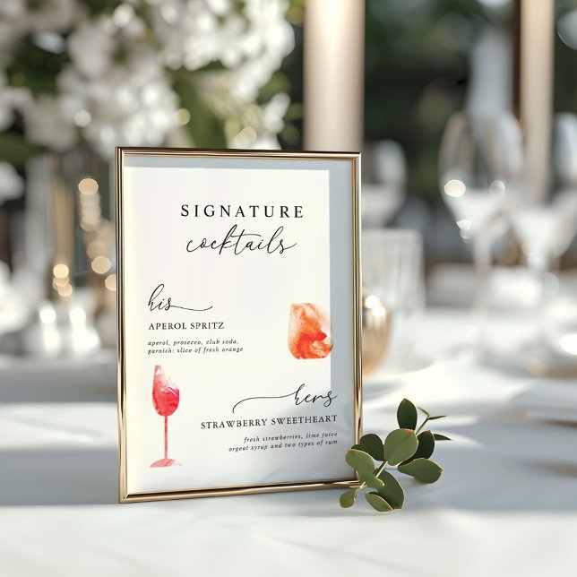 Poster Cardápio de Bebidas com Assinatura de Aquarela Mod (Modern Watercolor Signature Drinks Wedding Menu Poster)