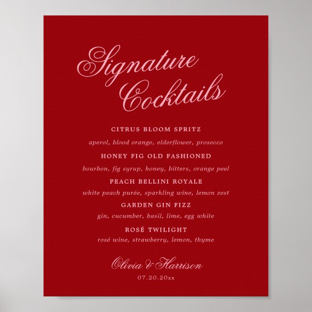 Poster Cardápio de Bebidas com Assinatura em Rosa Vermelh (Frente)