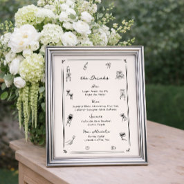 Poster Cardápio de Bebidas de Bar de Casamento Desenhado 