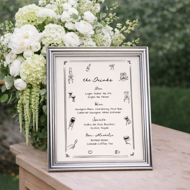 Poster Cardápio de Bebidas de Bar de Casamento Desenhado  (Criador carregado)