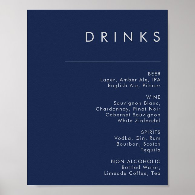 Poster Cardápio de Bebidas de Casamento Azul Marinho Prat (Frente)