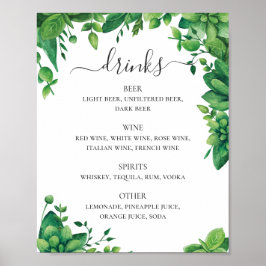 Poster Cardápio de bebidas de casamento com folhagem verd