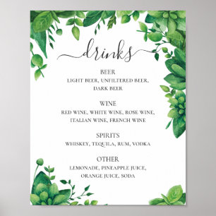 Poster Cardápio de bebidas de casamento com folhagem verd