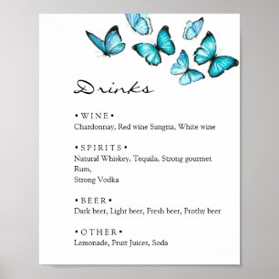 Poster Cardápio de bebidas de casamento de borboletas azu