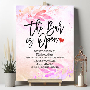 Poster Cardápio de Bebidas de Casamento de Folha de Aquar