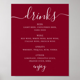 Poster Cardápio de Bebidas de Casamento em Letra Burgundy