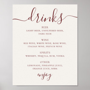 Poster Cardápio de Bebidas de Casamento em Marfim Macio  