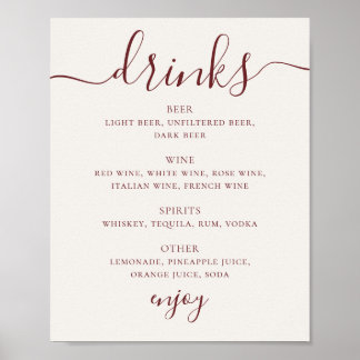 Poster Cardápio de Bebidas de Casamento em Marfim Macio |