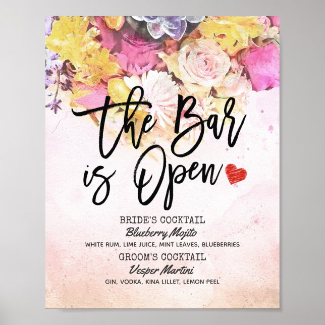 Poster Cardápio de Bebidas de Casamento Floral Elegante O (Frente)