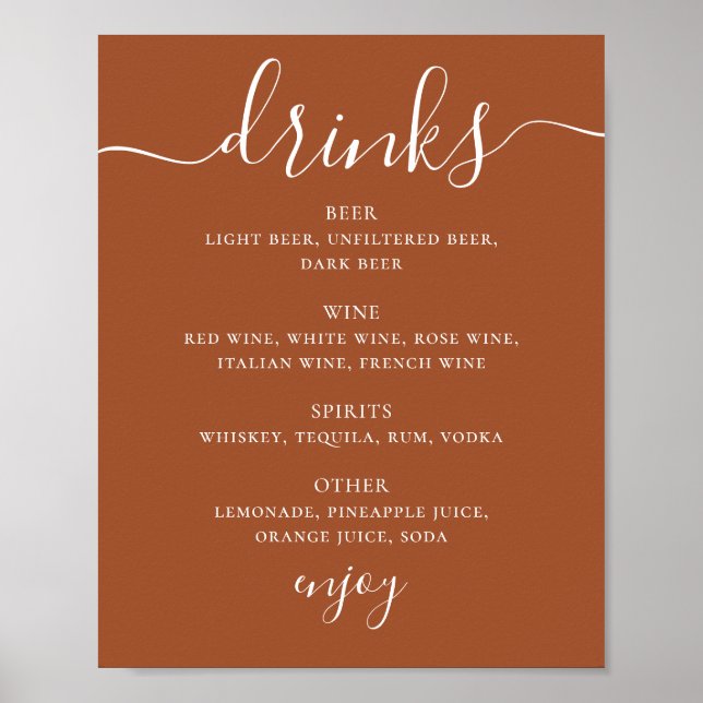 Poster Cardápio de Bebidas de Casamento Sienna | Letreiro (Frente)