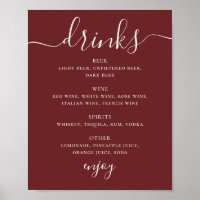 Cardápio de Bebidas de Casamento Vermelho Vinho In