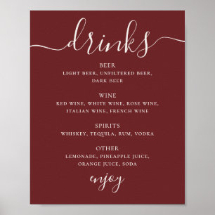 Poster Cardápio de Bebidas de Casamento Vermelho Vinho In