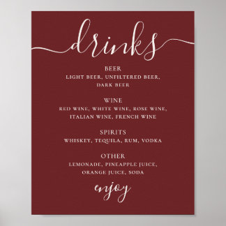 Poster Cardápio de Bebidas de Casamento Vermelho Vinho In