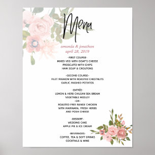 Poster Cardápio de casamento em aquarela floral Beige e D