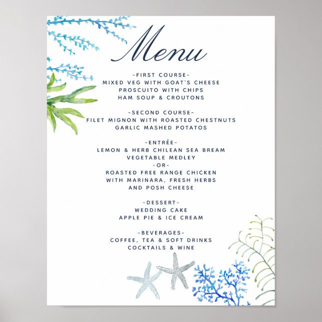 Poster Cardápio de Casamento na Praia com Algas em Aquare (Frente)