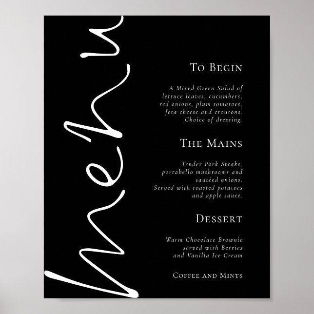 Poster Cardápio de Casamento Preto Simples e Elegante (Frente)