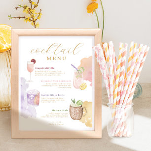 Poster Cardápio de Coquetéis Aquarela Menu de Bebidas do