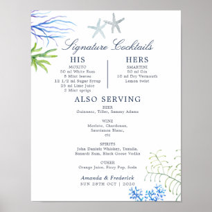 Poster Cardápio de Coquetéis de Casamento na Praia com Al