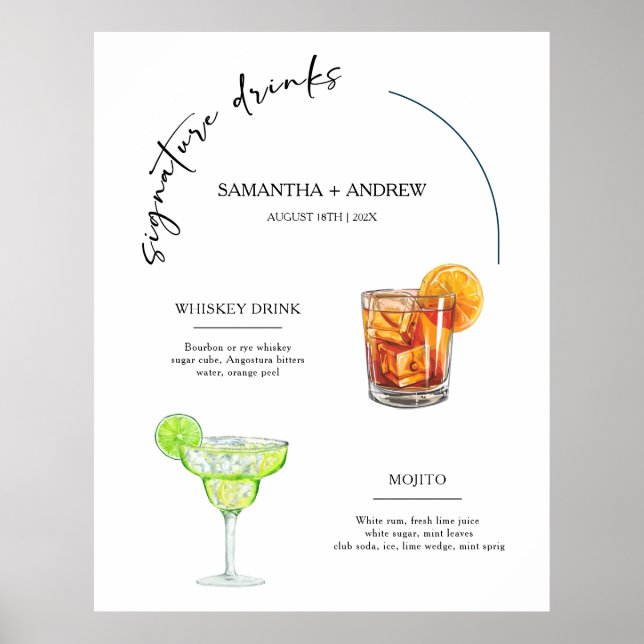 Poster Cardápio de Drinks de Assinatura do Casamento Tltg (Frente)