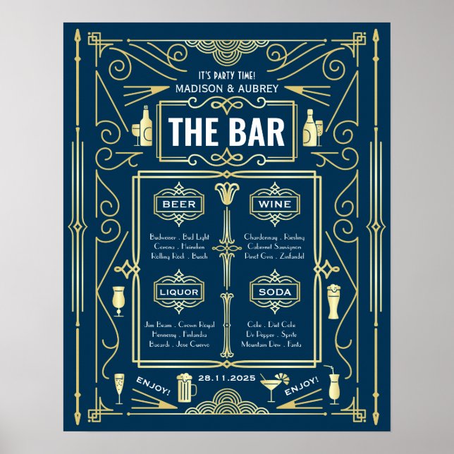 Poster Cardápio de Festa de Casamento Art Déco Dourado Az (Frente)