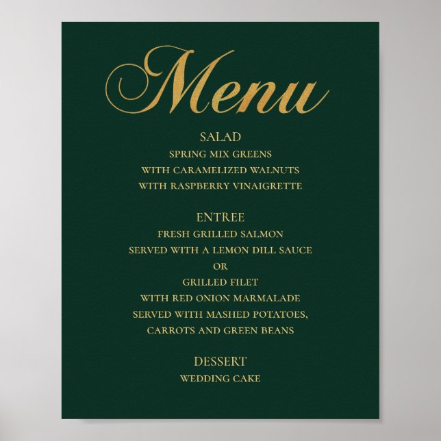 Poster Cardápio de jantar de casamento em ouro. Verde ele (Frente)