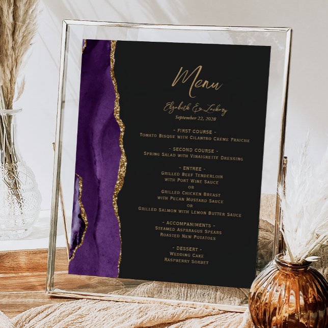 Poster Cardápio de Mesa de Casamento Escuro Ágata Dourada (Criador carregado)