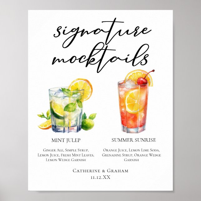 Poster Cardápio de Mocktails de Casamento Verão Nascer do (Frente)