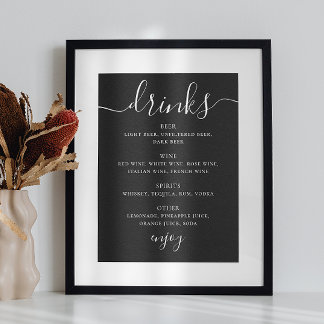 Poster Cardápio do Bar de Casamento Preto | Bebidas de Le