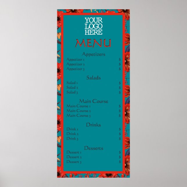 Poster Cardápio do Café Floral Vermelho Teal Restaurante (Frente)