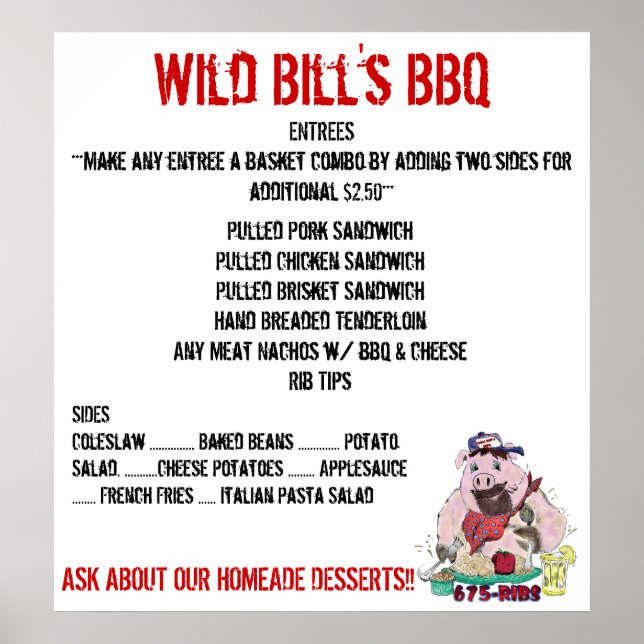 PÓSTER CARDÁPIO DO WILD BILL'S BBQ (Frente)