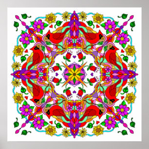 Poster Cardeais Coloridos bonito e Flores Mandala