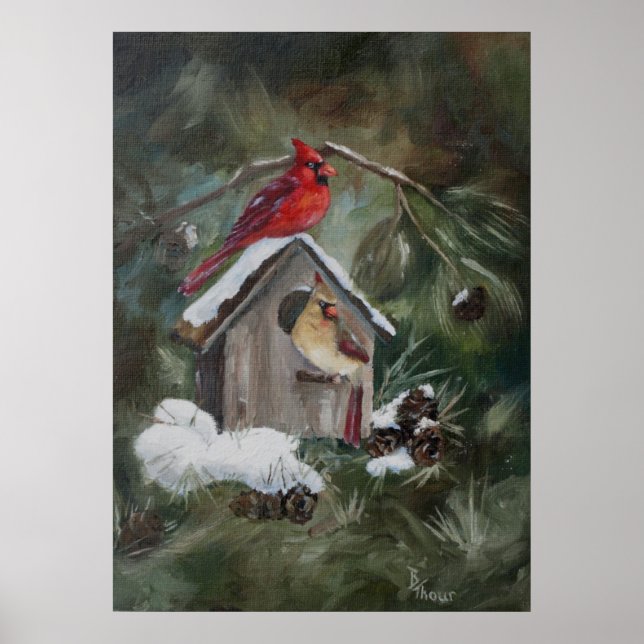 Póster Cardeais em Snowy Birdhouse (Frente)