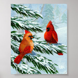 Póster Cardeais Pássaros de inverno Paisagem de neve