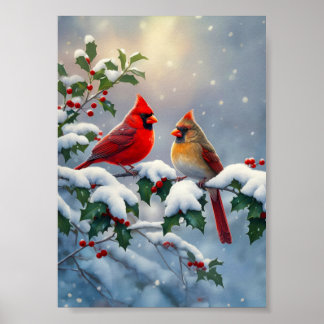 Poster Cardeais-vermelhos e Azevinho na Neve