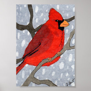 Póster Cardeal de inverno na Mini Arte Folclórica da Nev