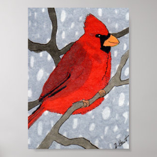 Póster Cardeal de inverno na Mini Arte Folclórica da Neve