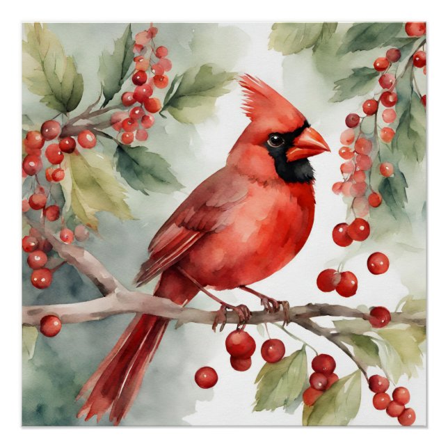Póster Cardeal Vermelho e Berries, a aquarela natalina (Frente)