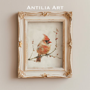 Poster Cardeal Vintage Watercolor na Ramificação