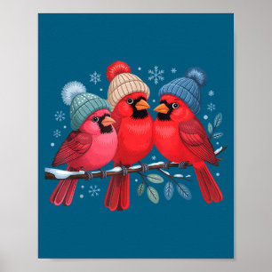 Poster Cardinais Vermelhos Fofos Com Chapéus de Tricô Art