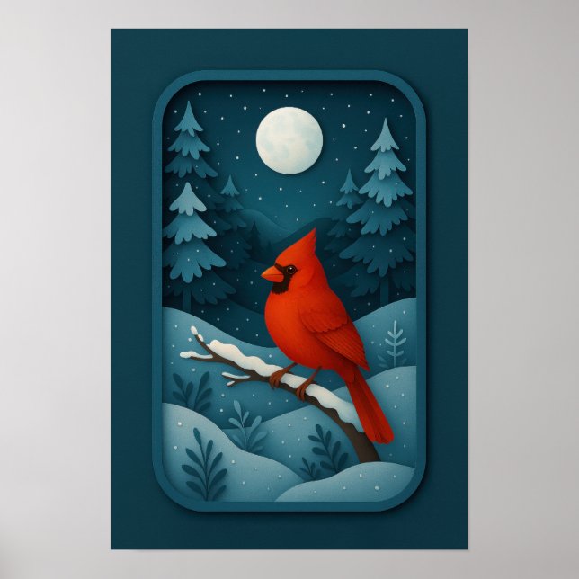 Poster Cardinal ao Luar no Bosque Invernal (Frente)