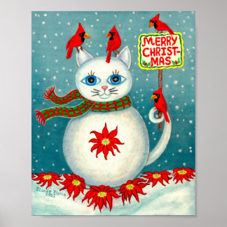 Poster Cardinal de Natal Snowcat Pássaro Boneco de Neve P