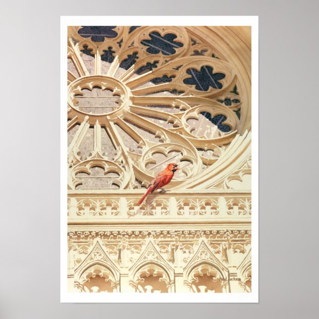 Poster "Cardinal" Igreja e Bird Watercolor (Frente)