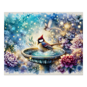Póster Cardinal na Banheira de Pássaros Jardim Sonhador